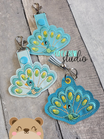 Peacock Fob snap tab, or eyelet key fob  set 4x4  DIGITAL DOWNLOAD embroidery file ITH In the Hoop 0224 03