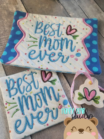Best Mom MUM Ever Scalloped Edge Applique COASTER, Charm, and MUG RUG Set 4x4 5x7 DIGITAL DOWNLOAD embroidery file ITH In the Hoop 0423 04