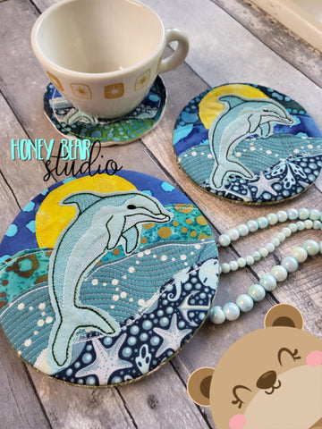 Round Dolphin Sunset Beachy  COASTER and MUG RUG Set 4x4 5x7 6x10 DIGITAL DOWNLOAD embroidery file ITH In the Hoop 0623 01