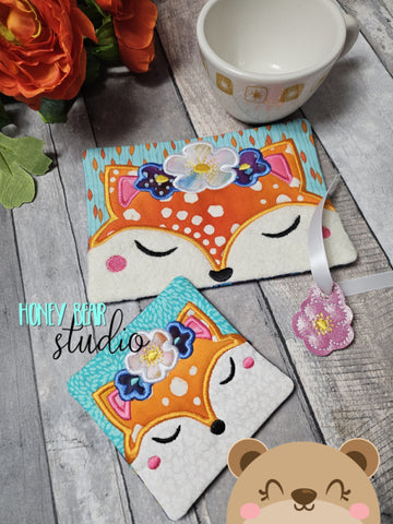 Floral Fox Applique COASTER and MUG RUG and Charm Set 4x4 5x7 1 design DIGITAL DOWNLOAD embroidery file ITH In the Hoop 0124 04