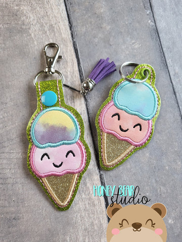 Kawaii Ice Cream Cone Snap Tab, Eyelet Fob 4x4 SET DIGITAL DOWNLOAD embroidery file ITH In the Hoop 0723 03