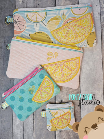 Quilted Citrus Applique Top Zip Bag  5x7, 6x10, 8x12 DIGITAL DOWNLOAD embroidery file ITH In the Hoop 0525 01