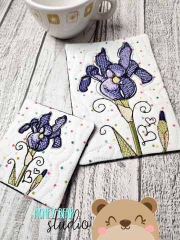 Birth Month Iris FEBRUARY Flower COASTER and MUG RUG Set 4x4 5x7 DIGITAL DOWNLOAD embroidery file ITH In the Hoop 0224 03