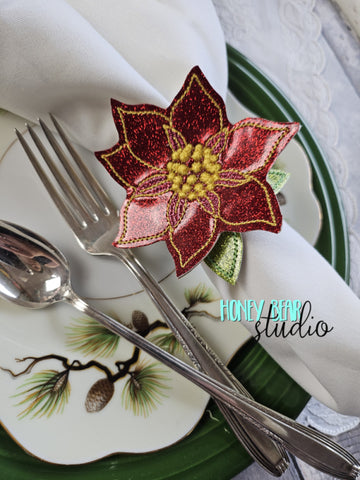 Poinsettia Christmas 3D Napkin Ring Snap 4x4  DIGITAL DOWNLOAD embroidery file ITH In the Hoop 0923 02