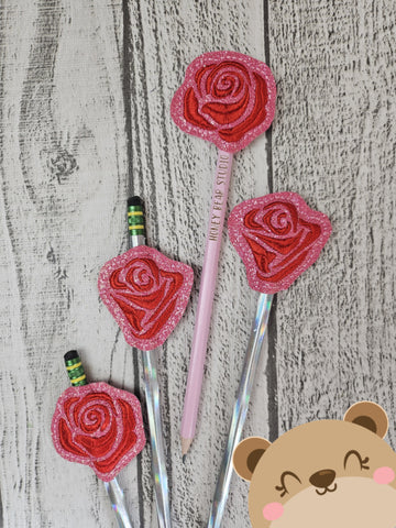 Satin Rose Bud and Bloom pencil topper AND straw slide for 4x4  DIGITAL DOWNLOAD embroidery file ITH In the Hoop 0224 01
