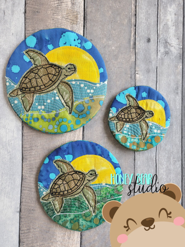 ROUND Sea Turtle 3 size MUG RUG Coaster Set 4x4 5x7 6x10 Coaster Hoop ...