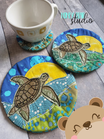 Round Sea Turtle Sunset Beachy  COASTER and MUG RUG Set 4x4 5x7 6x10 DIGITAL DOWNLOAD embroidery file ITH In the Hoop 0723 01