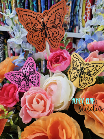 Swirly Butterfly includes PLANT STICK SIZE pencil topper AND straw slide for 4x4  DIGITAL DOWNLOAD embroidery file ITH In the Hoop 0224 02