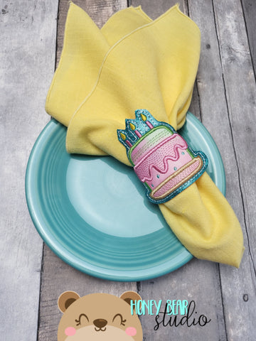 Kawaii Birthday Cake Applique Napkin Ring Snap 4x4  DIGITAL DOWNLOAD embroidery file ITH In the Hoop 0723 03