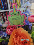 Birthday Frog Hoppy Birthday Applique PLANT STICK SIZE ONLY 4x4  DIGITAL DOWNLOAD embroidery file ITH In the Hoop 0224 02