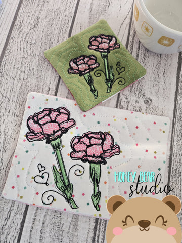 Birth Month Carnation JANUARY Flower COASTER and MUG RUG Set 4x4 5x7 DIGITAL DOWNLOAD embroidery file ITH In the Hoop 0124 03