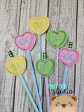 Candy Valentine Conversation Hearts includes PLANT STICK SIZE pencil topper AND straw slide for 4x4  DIGITAL DOWNLOAD embroidery file ITH In the Hoop 0224 01