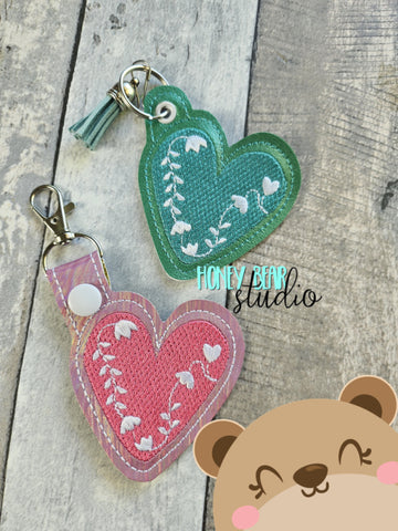 Floral Heart Motif Fob snap tab, or eyelet key fob  set 4x4  DIGITAL DOWNLOAD embroidery file ITH In the Hoop 0424 02