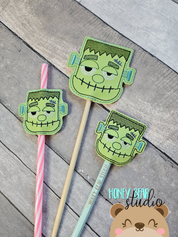 Frankie Monster Zombie  NEW PLANT STICK SIZE pencil topper AND straw slide for 4x4  DIGITAL DOWNLOAD embroidery file ITH In the Hoop 0823 03