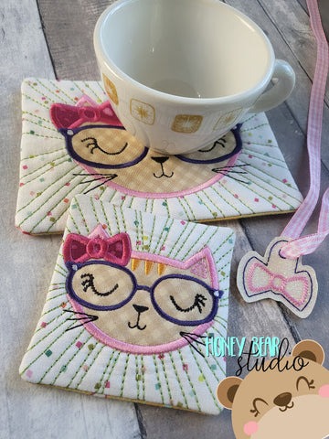 Geeky Kitty Applique COASTER, Charm, and MUG RUG Set 4x4 5x7 DIGITAL DOWNLOAD embroidery file ITH In the Hoop 0523 01