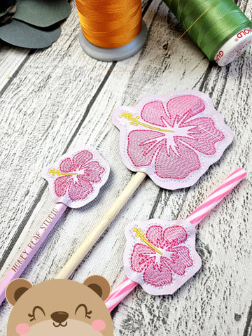 Hibiscus Tropical Flower Luau includes PLANT STICK SIZE pencil topper AND straw slide for 4x4  DIGITAL DOWNLOAD embroidery file ITH In the Hoop 0424 01