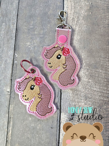 Pretty Pony Fob snap tab, or eyelet key fob  set 4x4  DIGITAL DOWNLOAD embroidery file ITH In the Hoop 0124 04