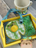 Lazy Frog Pond Lily Pad Nap Applique COASTER, Charm, and MUG RUG Set 4x4 5x7 DIGITAL DOWNLOAD embroidery file ITH In the Hoop 0523 02