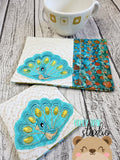 Peacock Applique COASTER and MUG RUG Set 4x4 5x7 DIGITAL DOWNLOAD embroidery file ITH In the Hoop 0224 03