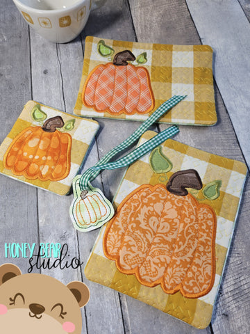 Cute Pumpkin Fall Applique Coaster Charm MUG RUG Set 4x4 5x7 DIGITAL DOWNLOAD embroidery file ITH In the Hoop 0823 02