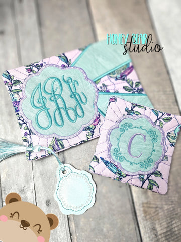 Scalloped Monogrammable CHARM, COASTER and MUG RUG Set 4x4 5x7 DIGITAL DOWNLOAD embroidery file ITH In the Hoop 0424 02