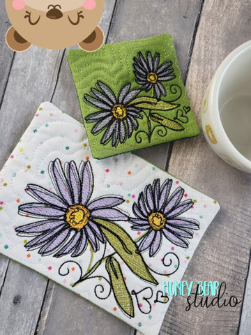 Birth Month ASTER Sept Flower COASTER and MUG RUG Set 4x4 5x7 DIGITAL DOWNLOAD embroidery file ITH In the Hoop 0523 02