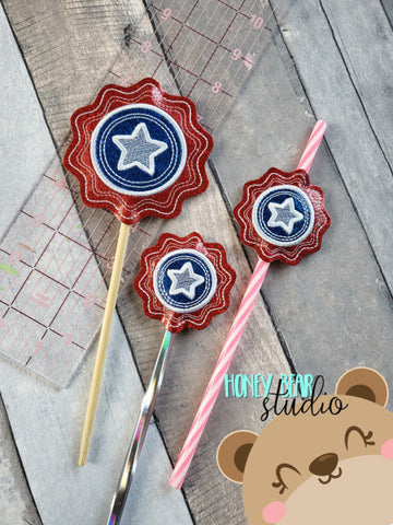 Star Medallion Patriotic NEW PLANT STICK SIZE pencil topper AND straw slide for 4x4  DIGITAL DOWNLOAD embroidery file ITH In the Hoop 0523 04