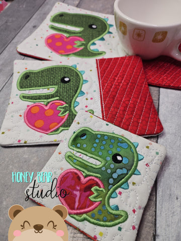 Valentine T Rex Dino Heart Coaster MUG RUG Snackmat Set 4x4,5x7,6x10  DIGITAL DOWNLOAD embroidery file ITH In the Hoop 0124 04