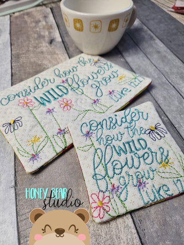 Wildflowers Verse Luke 12:27 Bible CHARM, COASTER and MUG RUG Set 4x4 5x7 DIGITAL DOWNLOAD embroidery file ITH In the Hoop 0424 02