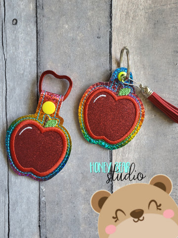 Apple Applique Back to School snap tab, or eyelet key fob  set 4x4  DIGITAL DOWNLOAD embroidery file ITH In the Hoop 0722