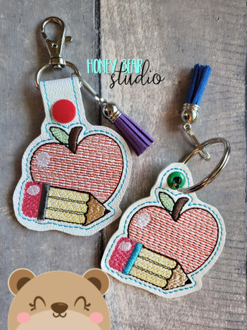 Apple and Pencil Back to School snap tab, or eyelet key fob  set 4x4  DIGITAL DOWNLOAD embroidery file ITH In the Hoop 0722