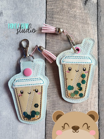 Boba Tea GLITTER Shaker Fast Food Kawaii APPLIQUE Fob snap tab, or eyelet key fob  set 4x4  DIGITAL DOWNLOAD embroidery file ITH In the Hoop 0922