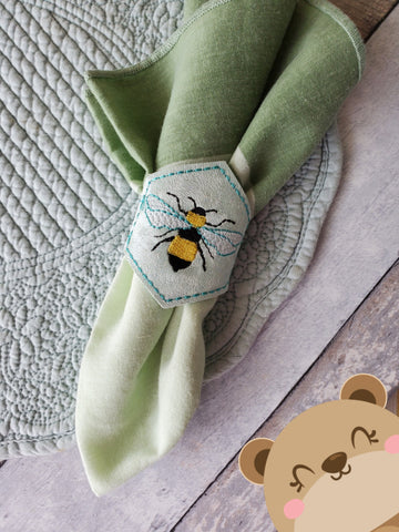 Bee Hexagon Napkin Ring Snap 4x4  DIGITAL DOWNLOAD embroidery file ITH In the Hoop 0321