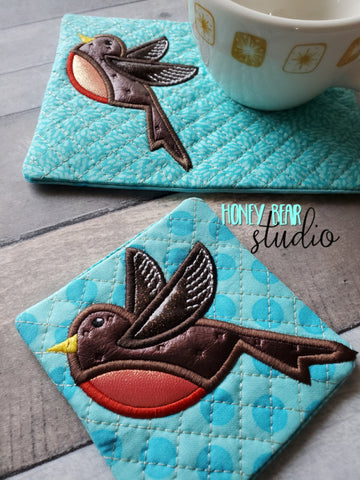 Small Song Bird Applique COASTER and MUG RUG Set 4x4 5x7 1 design DIGITAL DOWNLOAD embroidery file ITH In the Hoop 1021