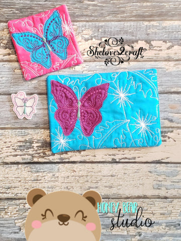 Butterfly Applique COASTER and MUG RUG Set 4x4 5x7 DIGITAL DOWNLOAD embroidery file ITH In the Hoop 0122