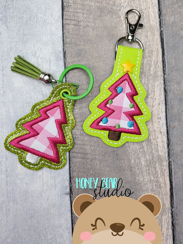 Christmas Tree APPLIQUE Fob snap tab, or eyelet key fob  set 4x4  DIGITAL DOWNLOAD embroidery file ITH In the Hoop 1022