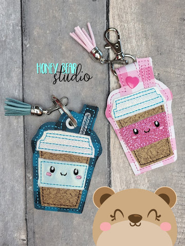 Coffee Latte To Go Cup Food Kawaii APPLIQUE Fob snap tab, or eyelet key fob  set 4x4  DIGITAL DOWNLOAD embroidery file ITH In the Hoop 0922