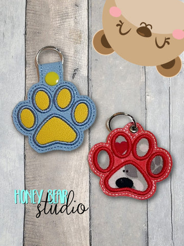 Paw Print Applique snap tab or eyelet fob for 4x4  DIGITAL DOWNLOAD embroidery file ITH In the Hoop 0223