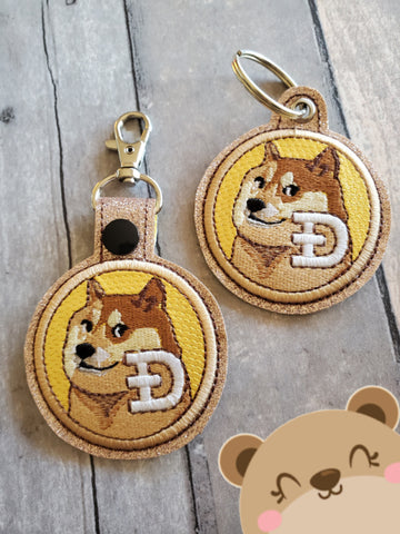 DOGE Coin Crypto Currency Applique with full fill Snap Tab, Eyelet Fob 4x4 SET DIGITAL DOWNLOAD embroidery file ITH In the Hoop 0122