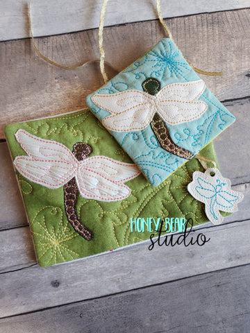 Dragonfly Applique COASTER and MUG RUG Set 4x4 5x7 DIGITAL DOWNLOAD embroidery file ITH In the Hoop 0122
