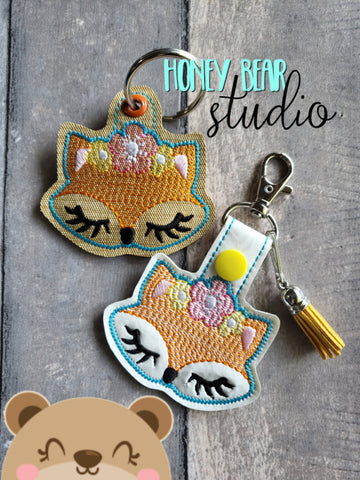 Floral Fox Foxy snap tab, or eyelet key fob  set 4x4  DIGITAL DOWNLOAD embroidery file ITH In the Hoop 0722