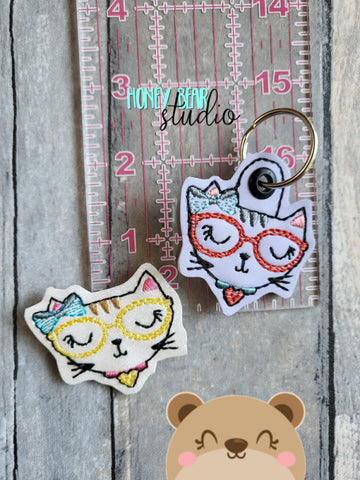 Geeky Kitty Glasses Cute feltie SET, feltie, charm or zipper pull eyelet for 4x4  DIGITAL DOWNLOAD embroidery file ITH In the Hoop 0722