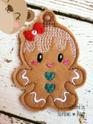 Gingerbread with Hair Bow Girl Eyelet Ornament 4x4 DIGITAL DOWNLOAD embroidery file ITH In the Hoop Oct  2019