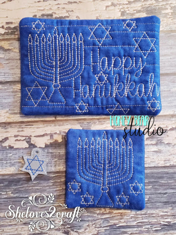 Happy Hanukkah COASTER and MUG RUG Set 4x4 5x7 1 design DIGITAL DOWNLOAD embroidery file ITH In the Hoop 1221