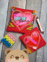 Clear Vinyl Heart Window Gift Valentine Pouch 4x4, 5x5 DIGITAL DOWNLOAD embroidery file ITH In the Hoop 0223