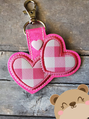 Double Hearts Applique snap tab, or eyelet fob for 4x4  DIGITAL DOWNLOAD embroidery file ITH In the Hoop 0221