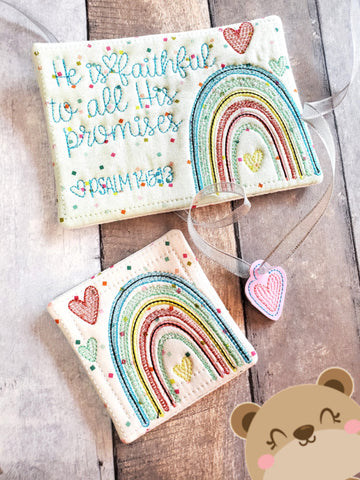 He is Faithful Rainbow COASTER and MUG RUG Set 4x4 5x7 DIGITAL DOWNLOAD embroidery file ITH In the Hoop 1221