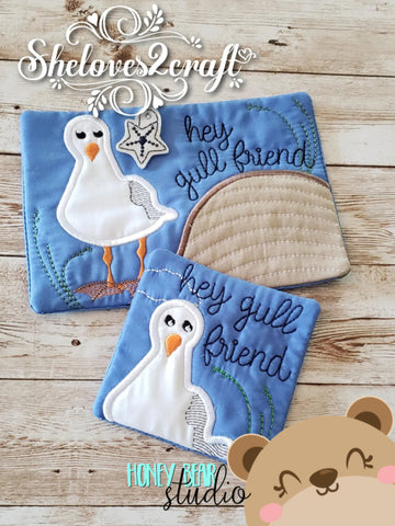 Hey Gull Friend Punny Applique COASTER and MUG RUG Set 4x4 5x7  DIGITAL DOWNLOAD embroidery file ITH In the Hoop 0522