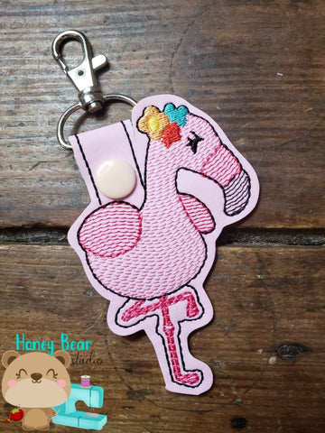 Fancy Floral Flamingo snap tab, or eyelet key fob  set 4x4  DIGITAL DOWNLOAD embroidery file ITH In the Hoop June 2019