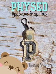 PhysEd Font Letter P Applique  snap tab, or eyelet fob for 4x4  DIGITAL DOWNLOAD embroidery file ITH In the Hoop